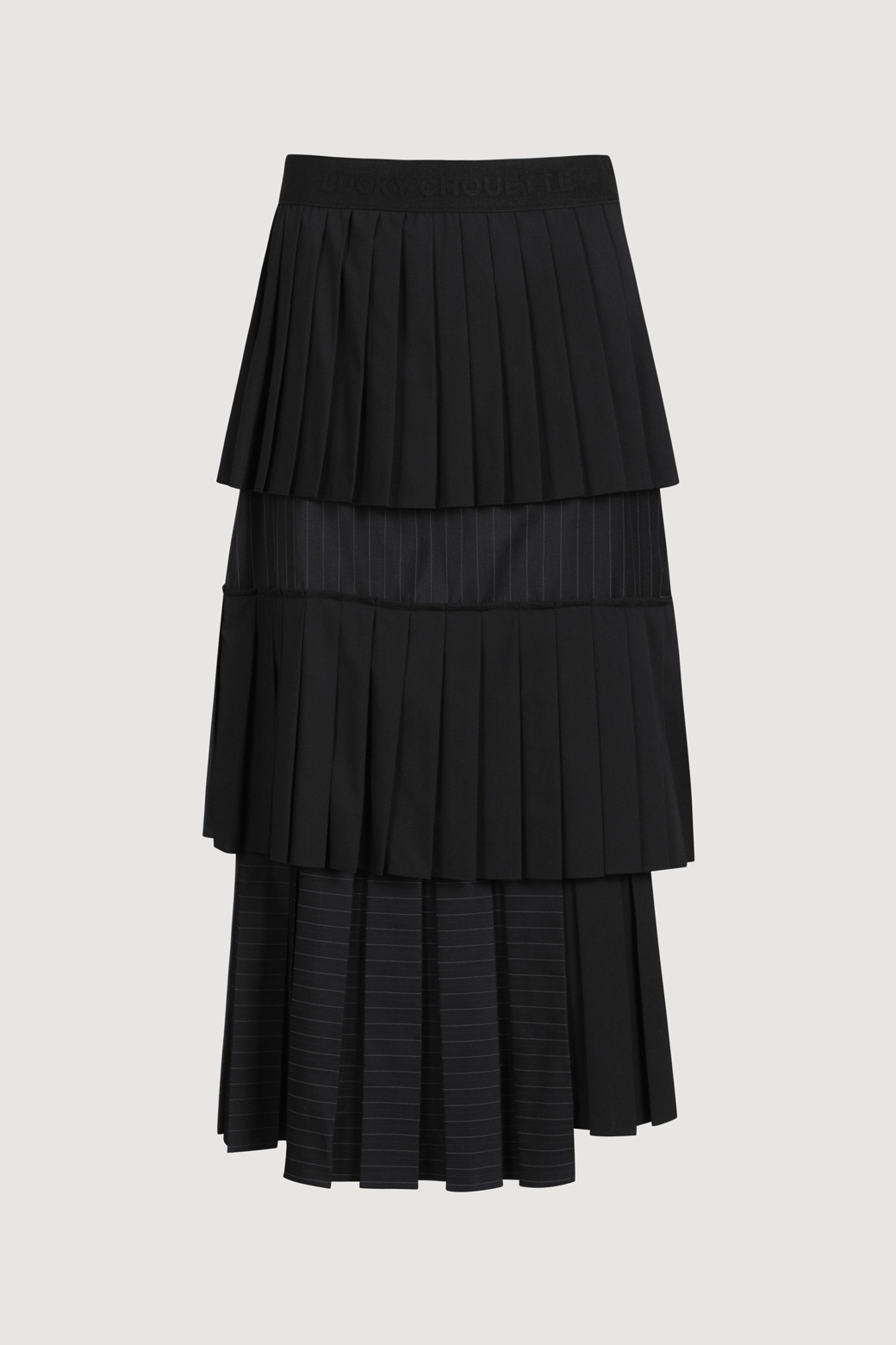 LUCKY CHOUETTE - 롱스커트 - Texture Mix Pleats Banding Long Skirt (black)