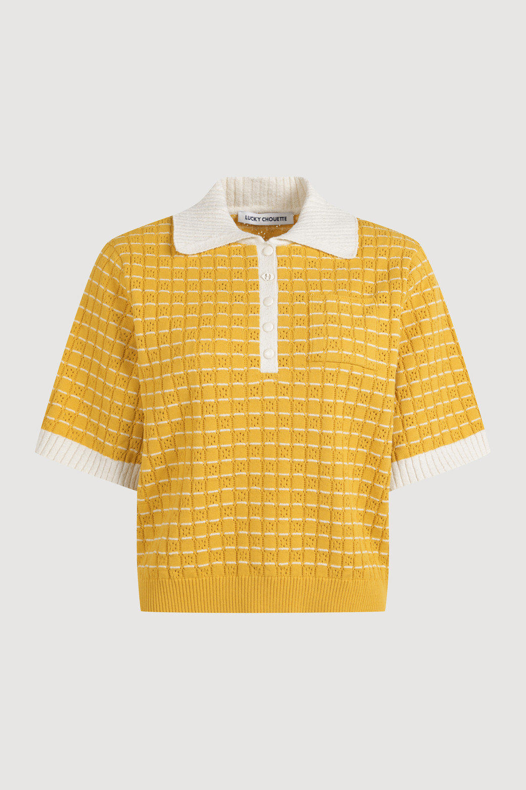 LUCKY CHOUETTE - 니트/가디건 - Color Block Short-Sleeved Collar Pullover