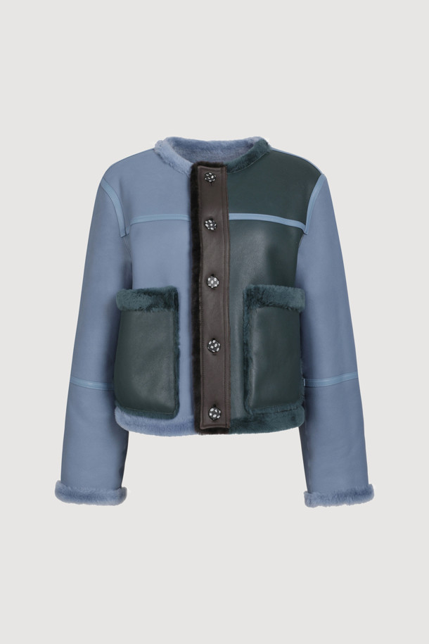 LUCKY CHOUETTE - 레더 자켓 - [Atelier] Color Block RVS No Collar Mustang Jacket (blue)