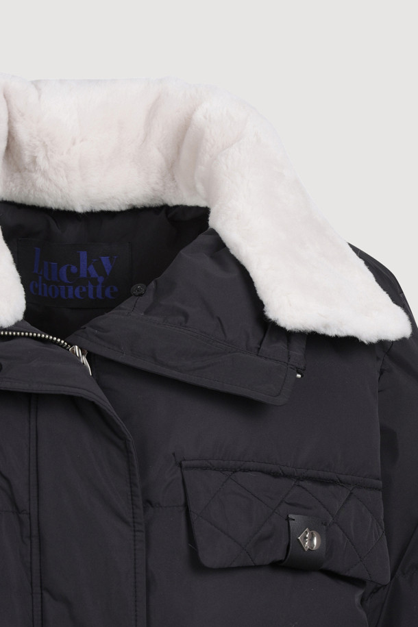 LUCKY CHOUETTE - 패딩 - Band Neck Fur Out Pocket Goose Down Jumper (black)