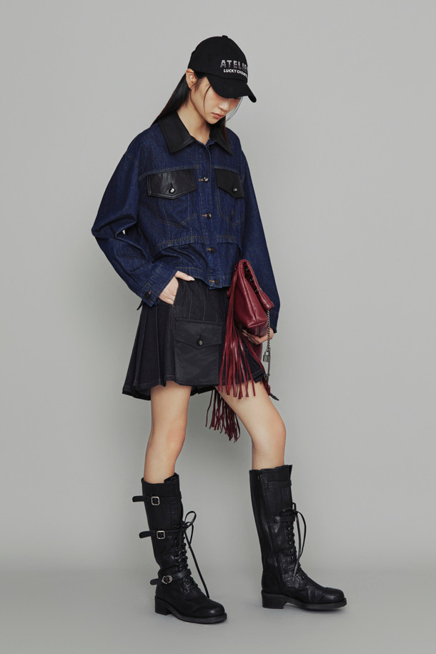 LUCKY CHOUETTE - 미니스커트 - [Atelier] Coloring Pocket Pleats Denim Mini Skirt (dark blue)