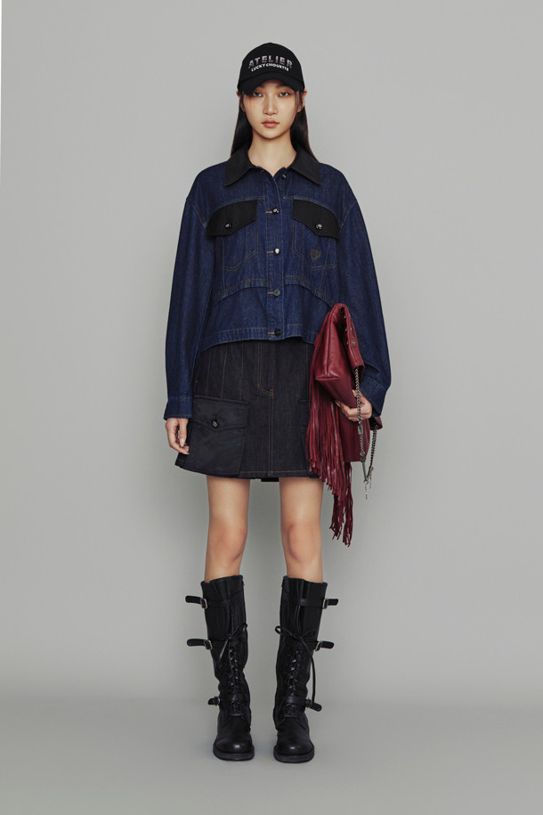 LUCKY CHOUETTE - 미니스커트 - [Atelier] Coloring Pocket Pleats Denim Mini Skirt (dark blue)