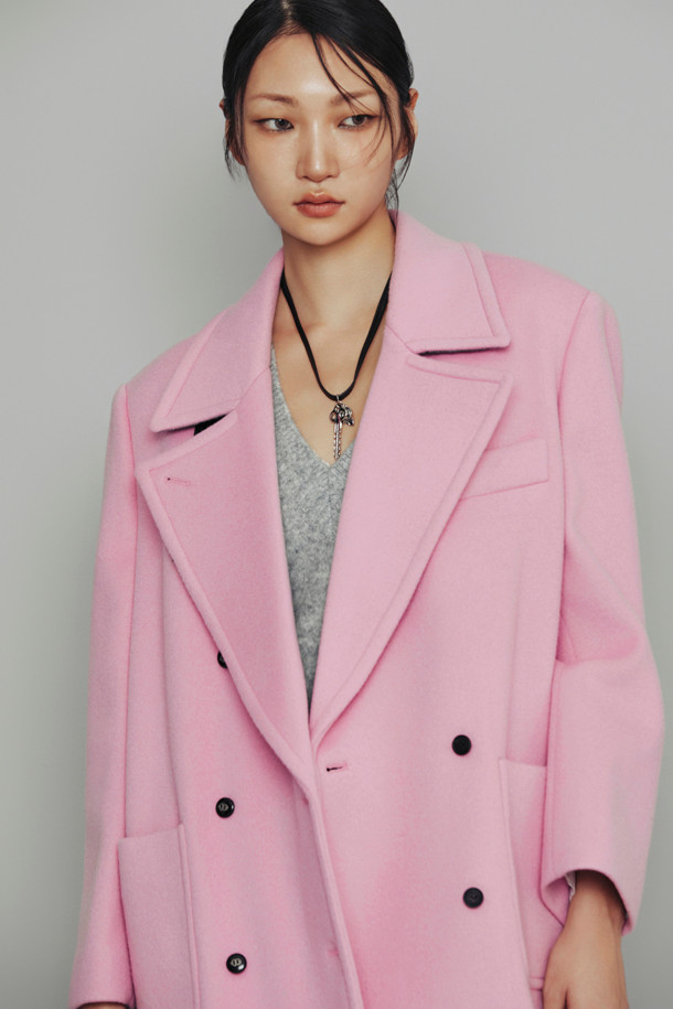 LUCKY CHOUETTE - 코트 - [Atelier] Leather Button Double Half Coat (pink)