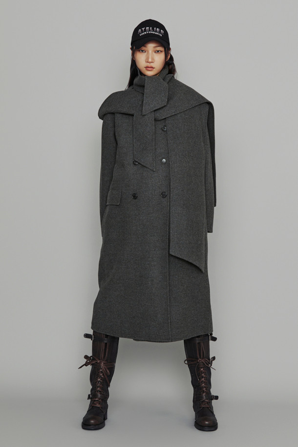 LUCKY CHOUETTE - 코트 - [Atelier] Handmade Detachable Muffler Double Long Coat (melange grey)