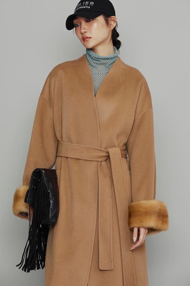 LUCKY CHOUETTE - 코트 - [Atelier] Handmade Detachable Fur Sleeve Belt Long Coat (camel)