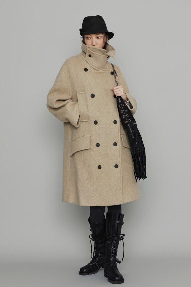 LUCKY CHOUETTE - 코트 - [Atelier] Detachable Neck Button Double Half Coat (dark beige)