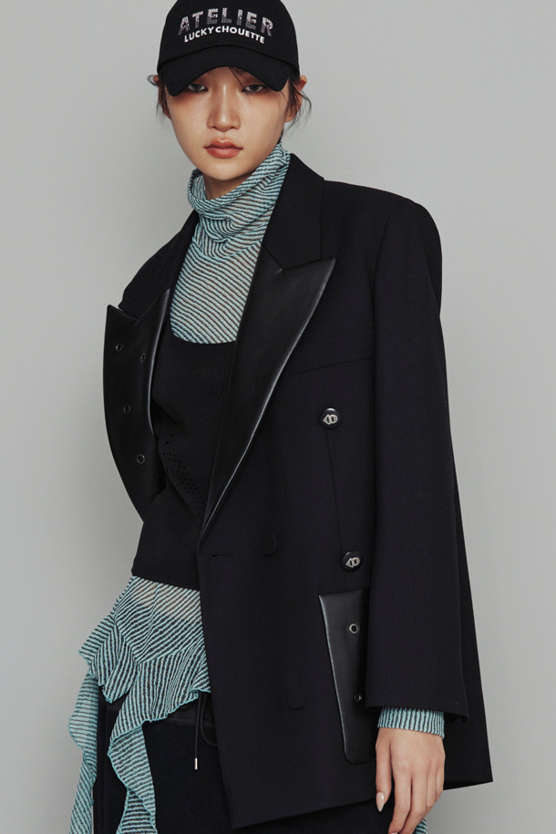 LUCKY CHOUETTE - 자켓 - [Atelier] Leather Collar Wool Polyester Herringbone Jacket (black)