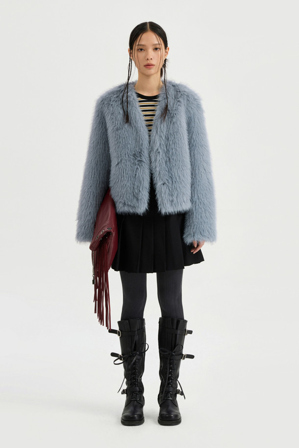 LUCKY CHOUETTE - 점퍼 - Eco Mink Fake Fur Collarless Jacket (blue)