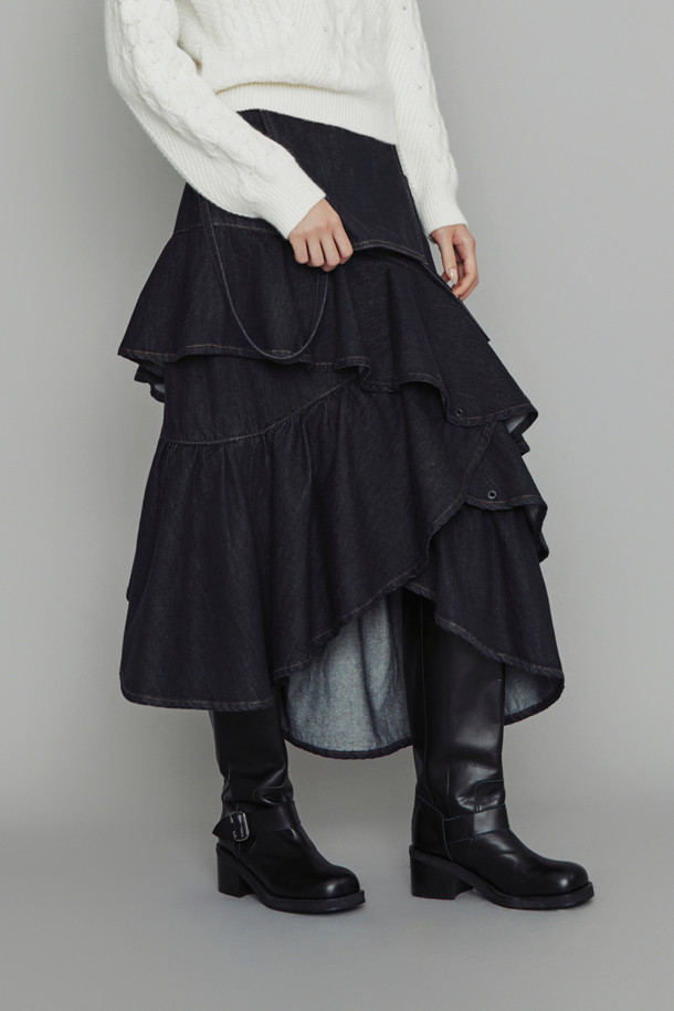 LUCKY CHOUETTE - 롱스커트 - [Atelier] Eyelet Suspender Denim Skirt (dark blue)