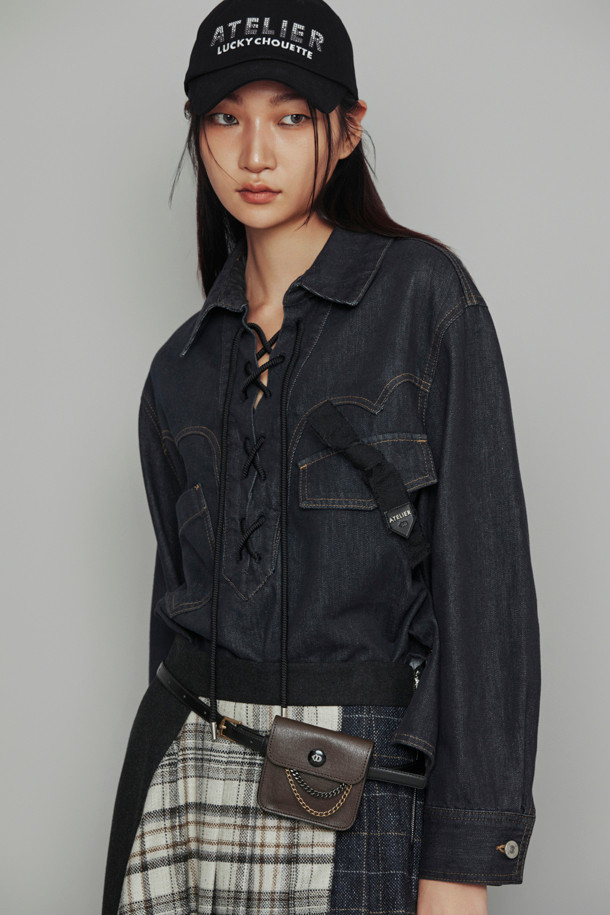 LUCKY CHOUETTE - 블라우스 - [Atelier] String Decoration Denim Shirt (dark blue)