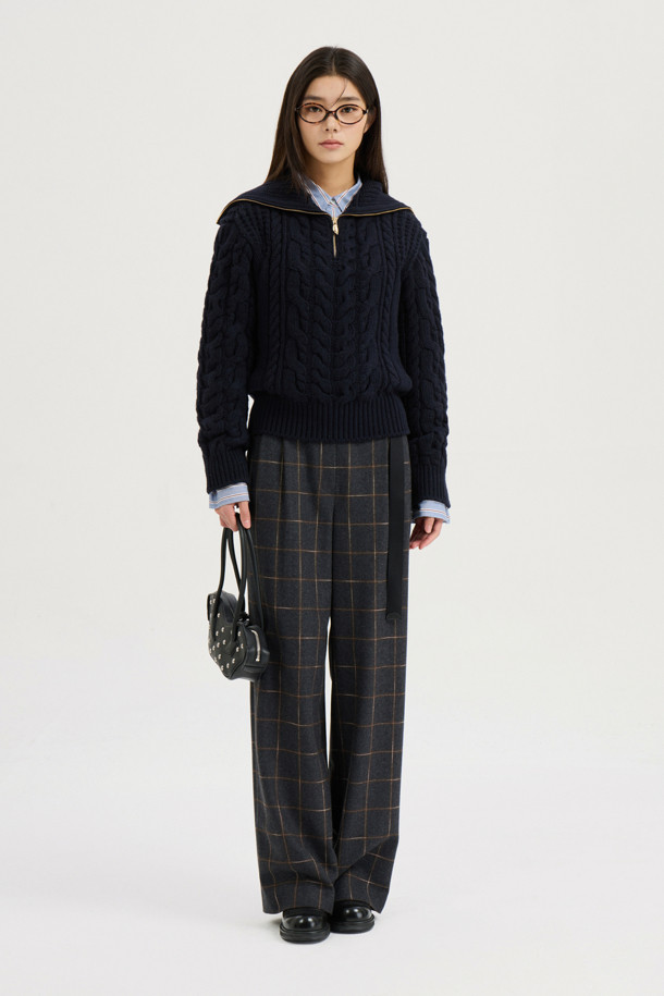 LUCKY CHOUETTE - 롱/미디팬츠 - [Atelier] Belt Point Check Back Banding Pants (dark grey)