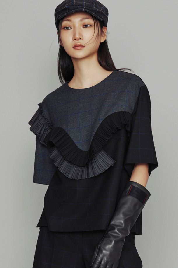 LUCKY CHOUETTE - 블라우스 - [Atelier] Pleats Point Check Mix Half Sleeve Blouse (multi color)