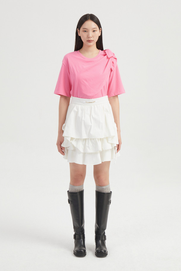 LUCKY CHOUETTE - 반소매 티셔츠 - Ribbon Asymmetric Short-sleeved T-shirt