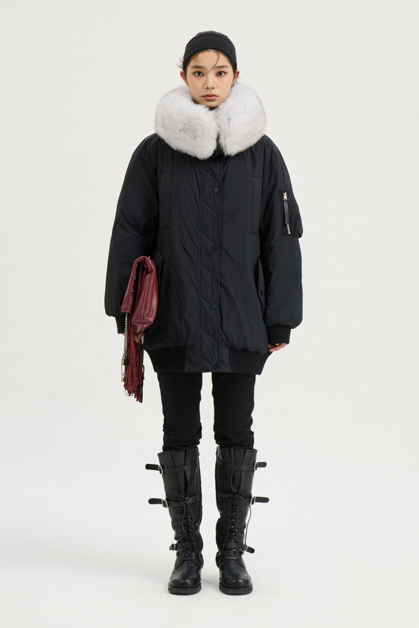 LUCKY CHOUETTE - 패딩 - Detachable Fox Fur Goose-Down Half Jumper (black)