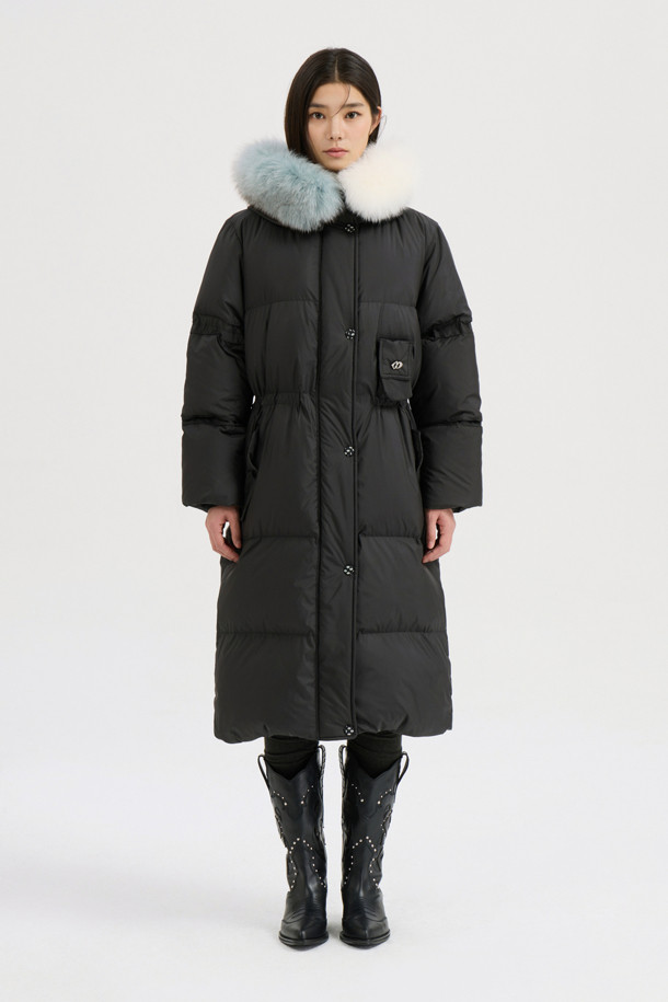 LUCKY CHOUETTE - 패딩 - [Atelier] Color Block Fox Trimming Long Goose Down Coat (black)