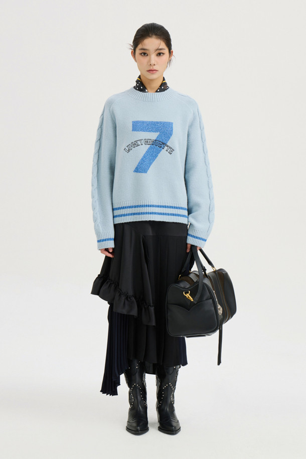 LUCKY CHOUETTE - 스웨터 - [Atelier] One Point Round Neck Knit Pullover (blue)