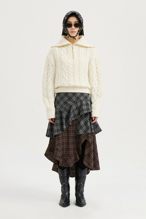 LUCKY CHOUETTE - 스웨터 - [Atelier] Cable Collar Neck Zipper knit Pullover (ivory)