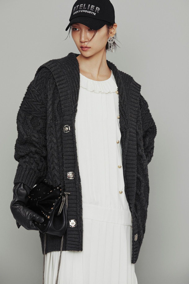 LUCKY CHOUETTE - 가디건 - [Atelier] Sailor Cable Half Length Knit Cardigan (light grey)