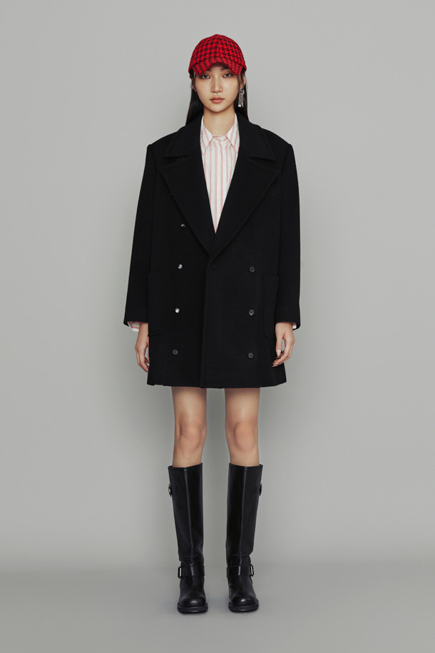 LUCKY CHOUETTE - 코트 - [Atelier] Leather Button Double Half Coat (black)