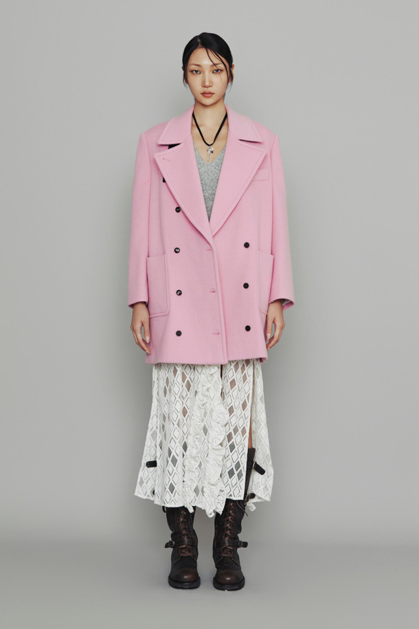 LUCKY CHOUETTE - 코트 - [Atelier] Leather Button Double Half Coat (pink)