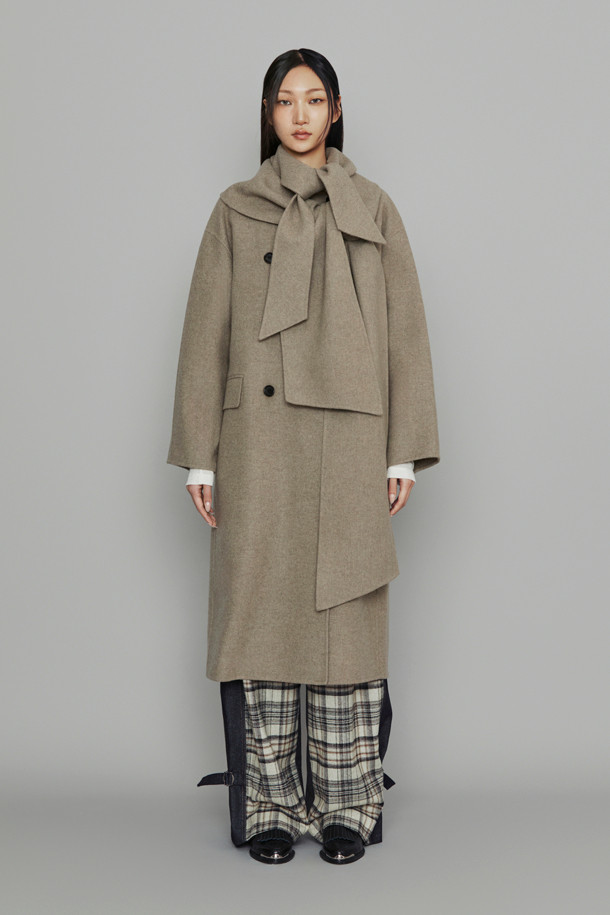 LUCKY CHOUETTE - 코트 - [Atelier] Handmade Detachable Muffler Double Long Coat (melange beige)