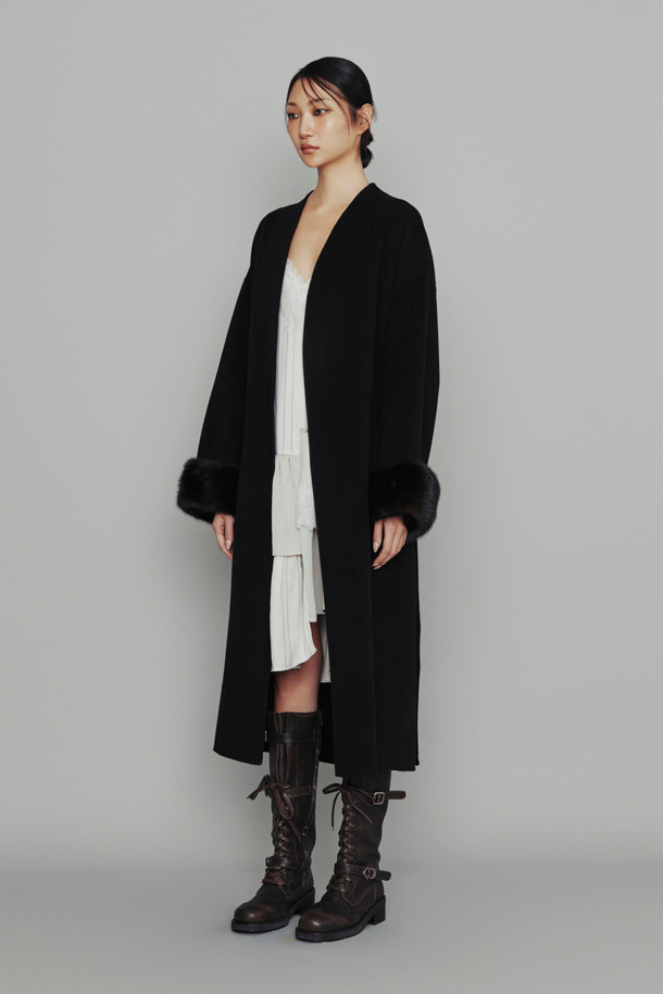 LUCKY CHOUETTE - 코트 - [Atelier] Handmade Detachable Fur Sleeve Belt Long Coat (black)