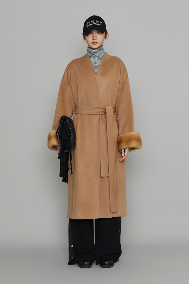 LUCKY CHOUETTE - 코트 - [Atelier] Handmade Detachable Fur Sleeve Belt Long Coat (camel)