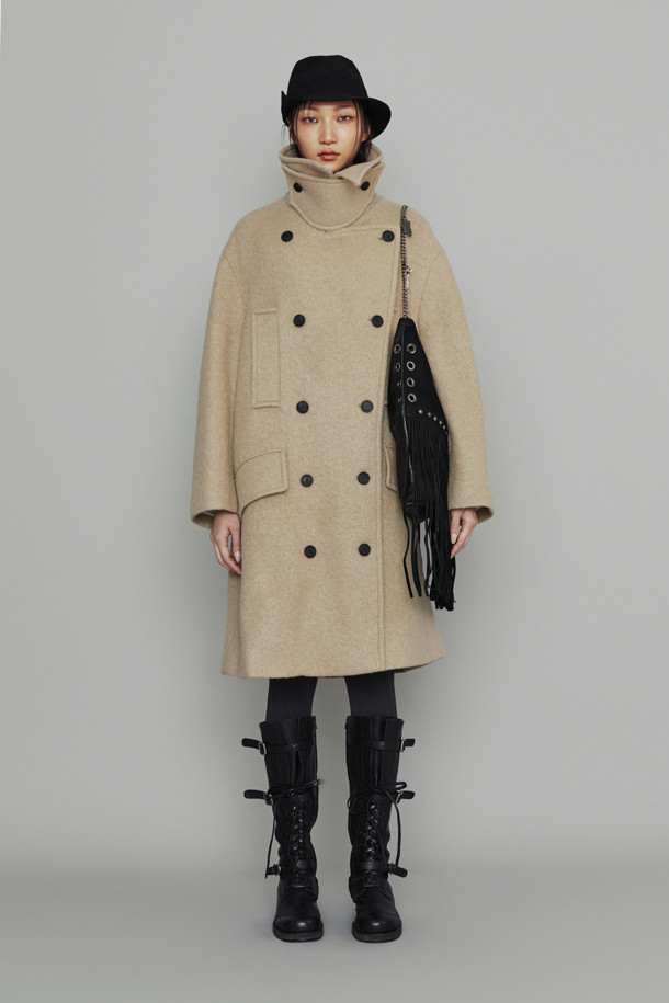 LUCKY CHOUETTE - 코트 - [Atelier] Detachable Neck Button Double Half Coat (dark beige)