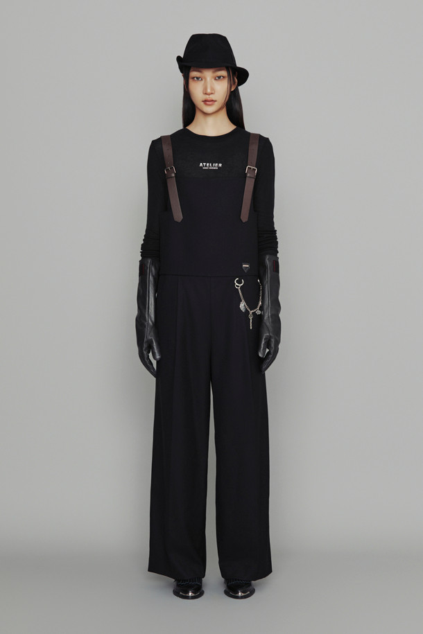 LUCKY CHOUETTE - 점프수트 - [Atelier] Fake Leather Button Herringbone Jumpsuit (black)