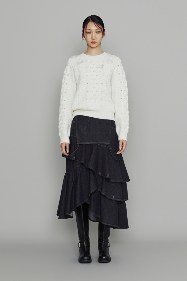 LUCKY CHOUETTE - 롱스커트 - [Atelier] Eyelet Suspender Denim Skirt (dark blue)