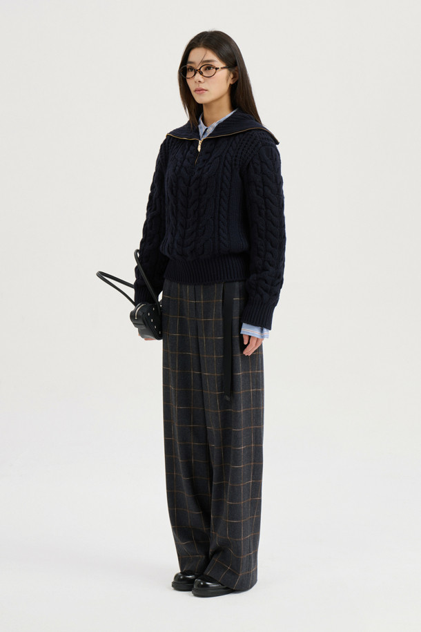 LUCKY CHOUETTE - 롱/미디팬츠 - [Atelier] Belt Point Check Back Banding Pants (dark grey)