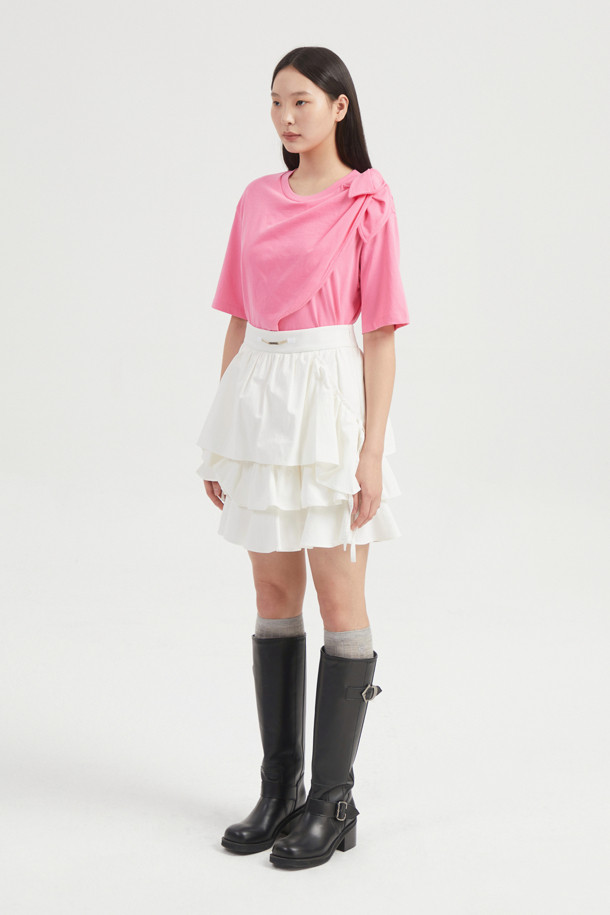 LUCKY CHOUETTE - 반소매 티셔츠 - Ribbon Asymmetric Short-sleeved T-shirt