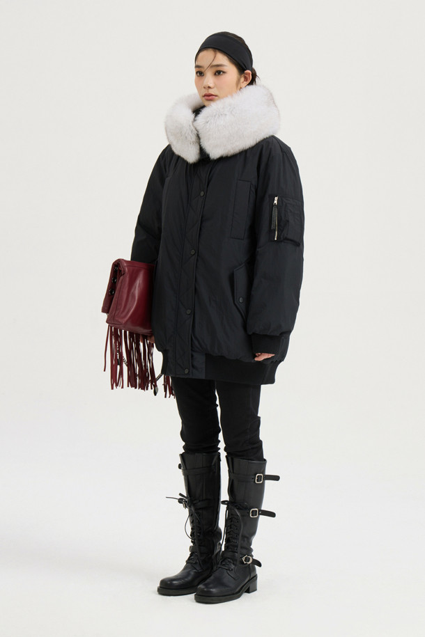 LUCKY CHOUETTE - 패딩 - Detachable Fox Fur Goose-Down Half Jumper (black)