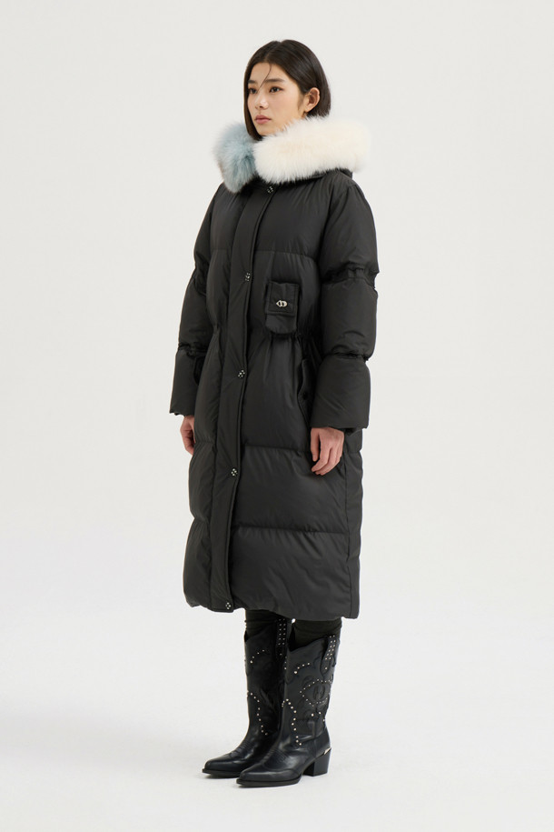 LUCKY CHOUETTE - 패딩 - [Atelier] Color Block Fox Trimming Long Goose Down Coat (black)