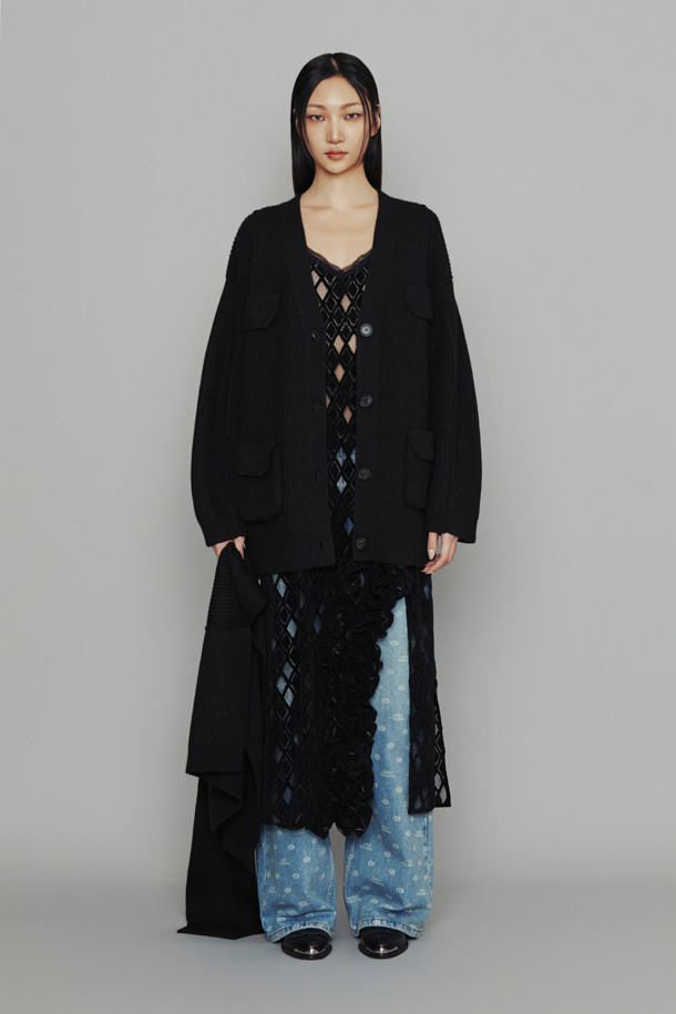 LUCKY CHOUETTE - 가디건 - [Atelier] Big Pocket Muffler Option Half Knit Cardigan (black)