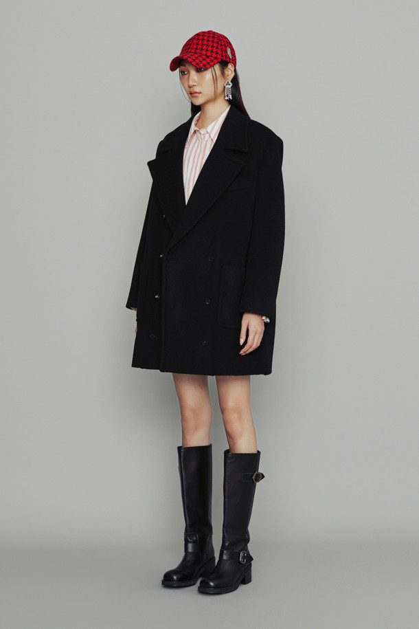 LUCKY CHOUETTE - 코트 - [Atelier] Leather Button Double Half Coat (black)