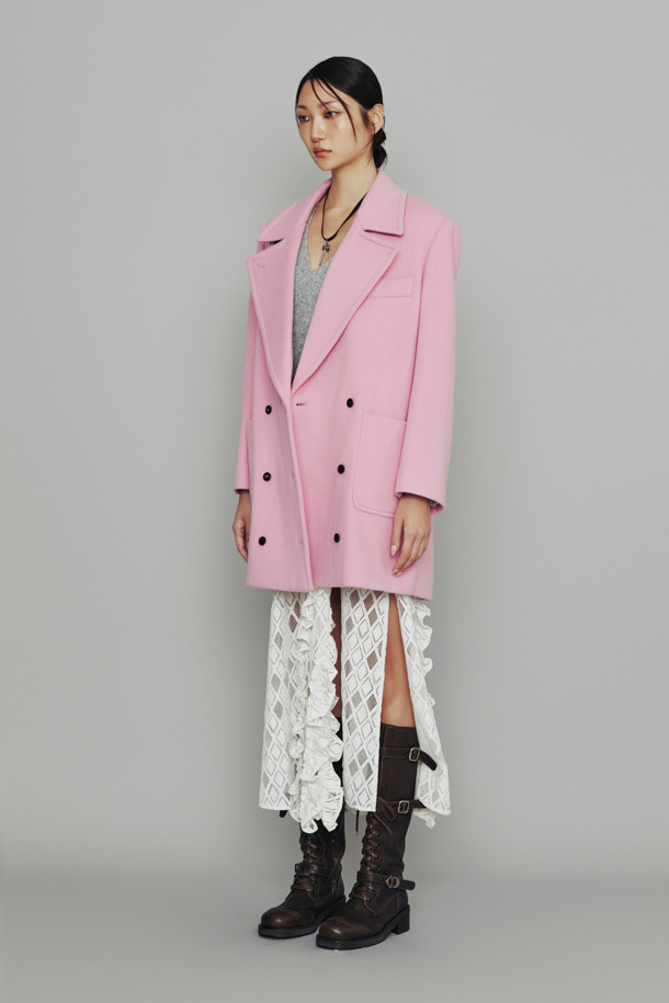 LUCKY CHOUETTE - 코트 - [Atelier] Leather Button Double Half Coat (pink)