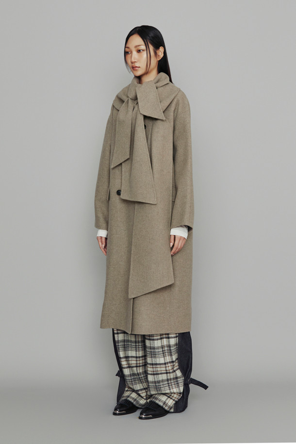 LUCKY CHOUETTE - 코트 - [Atelier] Handmade Detachable Muffler Double Long Coat (melange beige)