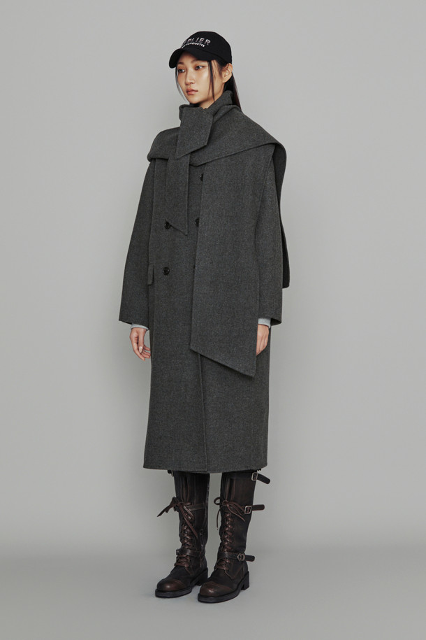 LUCKY CHOUETTE - 코트 - [Atelier] Handmade Detachable Muffler Double Long Coat (melange grey)