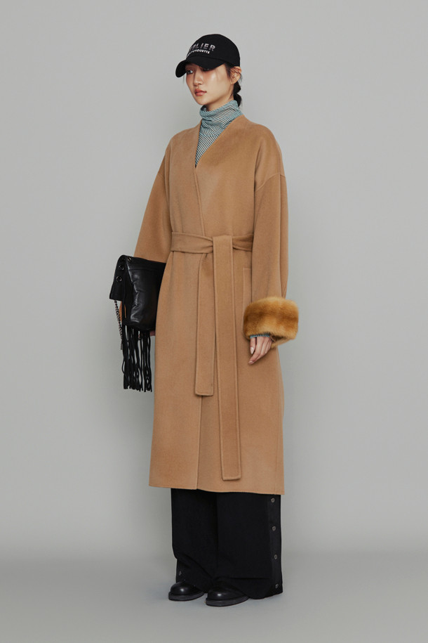 LUCKY CHOUETTE - 코트 - [Atelier] Handmade Detachable Fur Sleeve Belt Long Coat (camel)