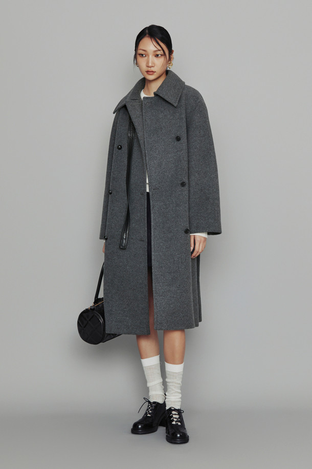 LUCKY CHOUETTE - 코트 - [Atelier] Leather Button Belt Coat (melange grey)