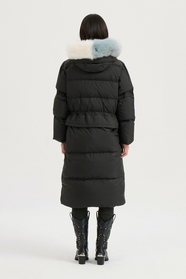 LUCKY CHOUETTE - 패딩 - [Atelier] Color Block Fox Trimming Long Goose Down Coat (black)