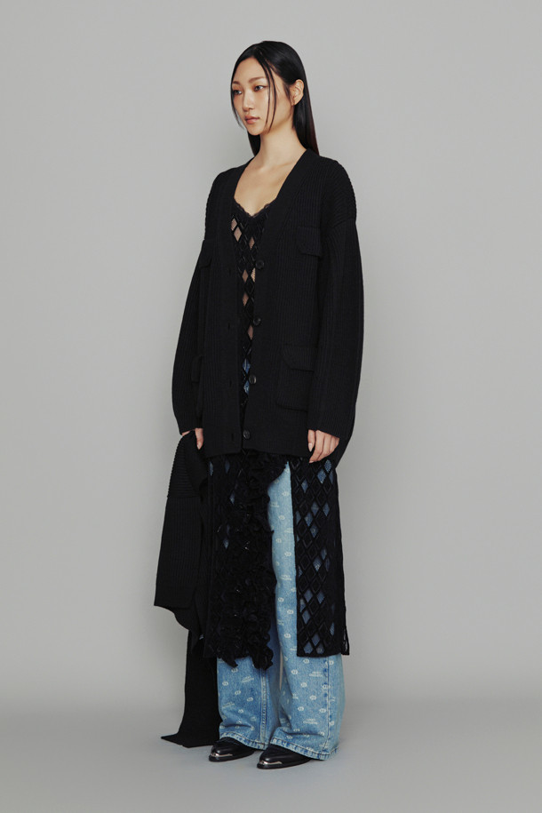 LUCKY CHOUETTE - 가디건 - [Atelier] Big Pocket Muffler Option Half Knit Cardigan (black)