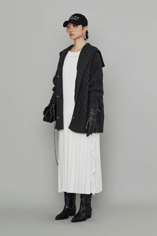 LUCKY CHOUETTE - 가디건 - [Atelier] Sailor Cable Half Length Knit Cardigan (light grey)