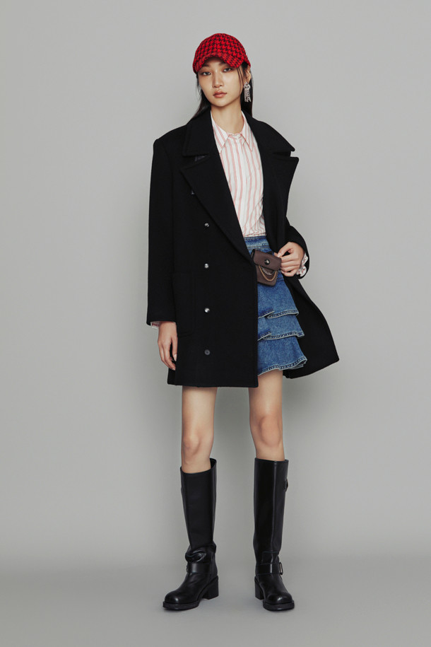 LUCKY CHOUETTE - 코트 - [Atelier] Leather Button Double Half Coat (black)