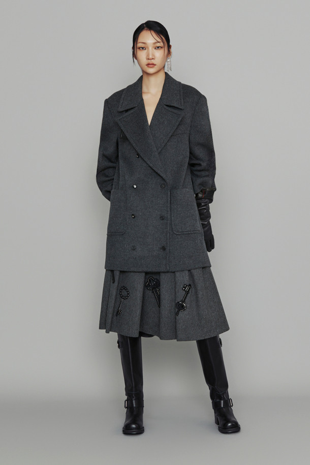 LUCKY CHOUETTE - 코트 - [Atelier] Leather Button Double Half Coat (melange grey)