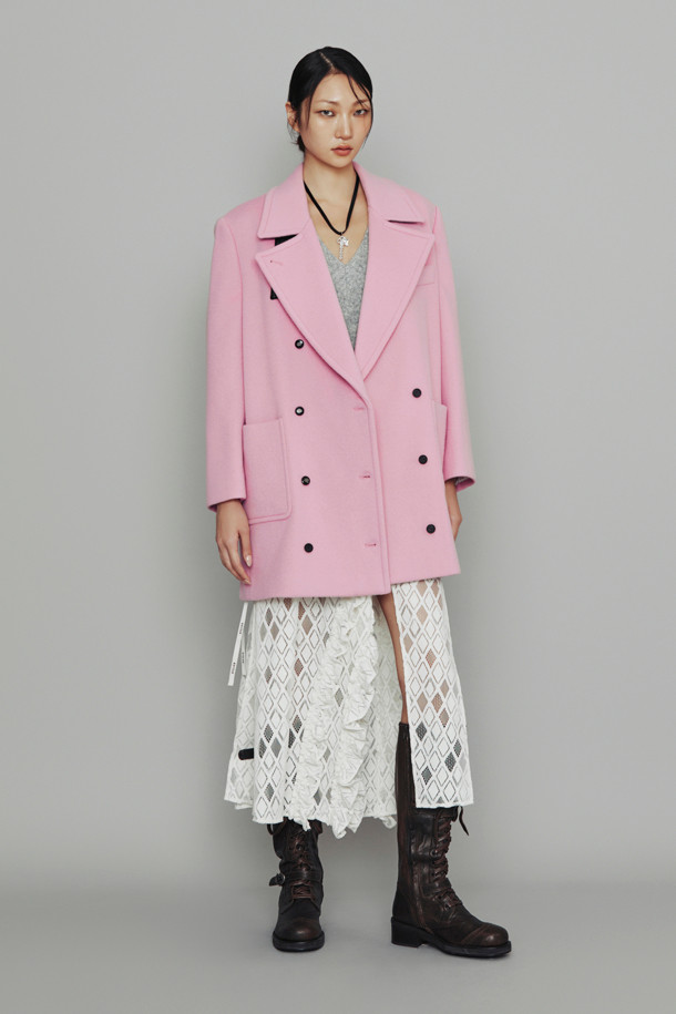 LUCKY CHOUETTE - 코트 - [Atelier] Leather Button Double Half Coat (pink)