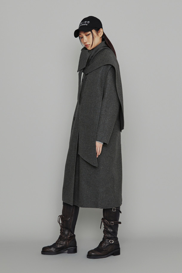 LUCKY CHOUETTE - 코트 - [Atelier] Handmade Detachable Muffler Double Long Coat (melange grey)