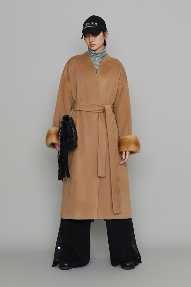 LUCKY CHOUETTE - 코트 - [Atelier] Handmade Detachable Fur Sleeve Belt Long Coat (camel)