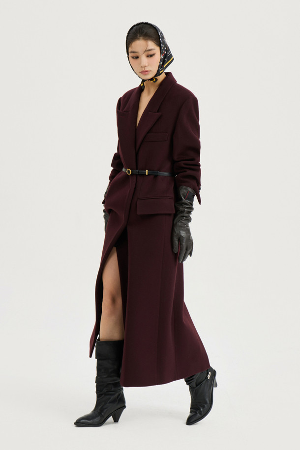 LUCKY CHOUETTE - 코트 - [Atelier] Slim Fit Maxi Long Coat(Optional belt) (wine)